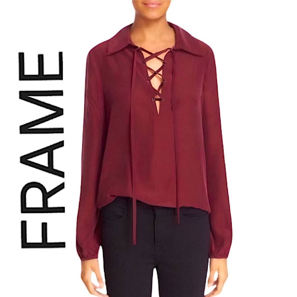 FRAME. EUC.Gorgeous 100% Silk.Long sleeve blouse in Merlot w/ Lace-Up front.S